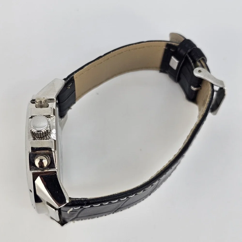 Men's Watch 44MM White Dial NEW Black Faux Leather Bands New Battery